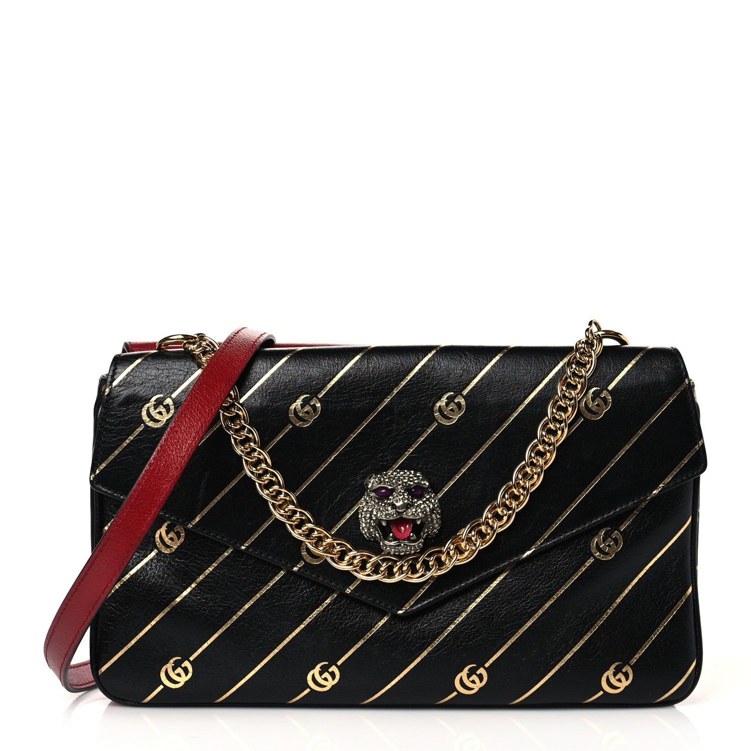 Gucci Calfskin Diagonal GG Medium Thiara Double Envelope Shoulder Bag Black Red 1 of 10