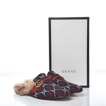 Gucci Canvas GG Monogram Diamond Fur Web GG Mens Princetown Slippers 11 Midnight Blue Hibiscus Red 10 of 10