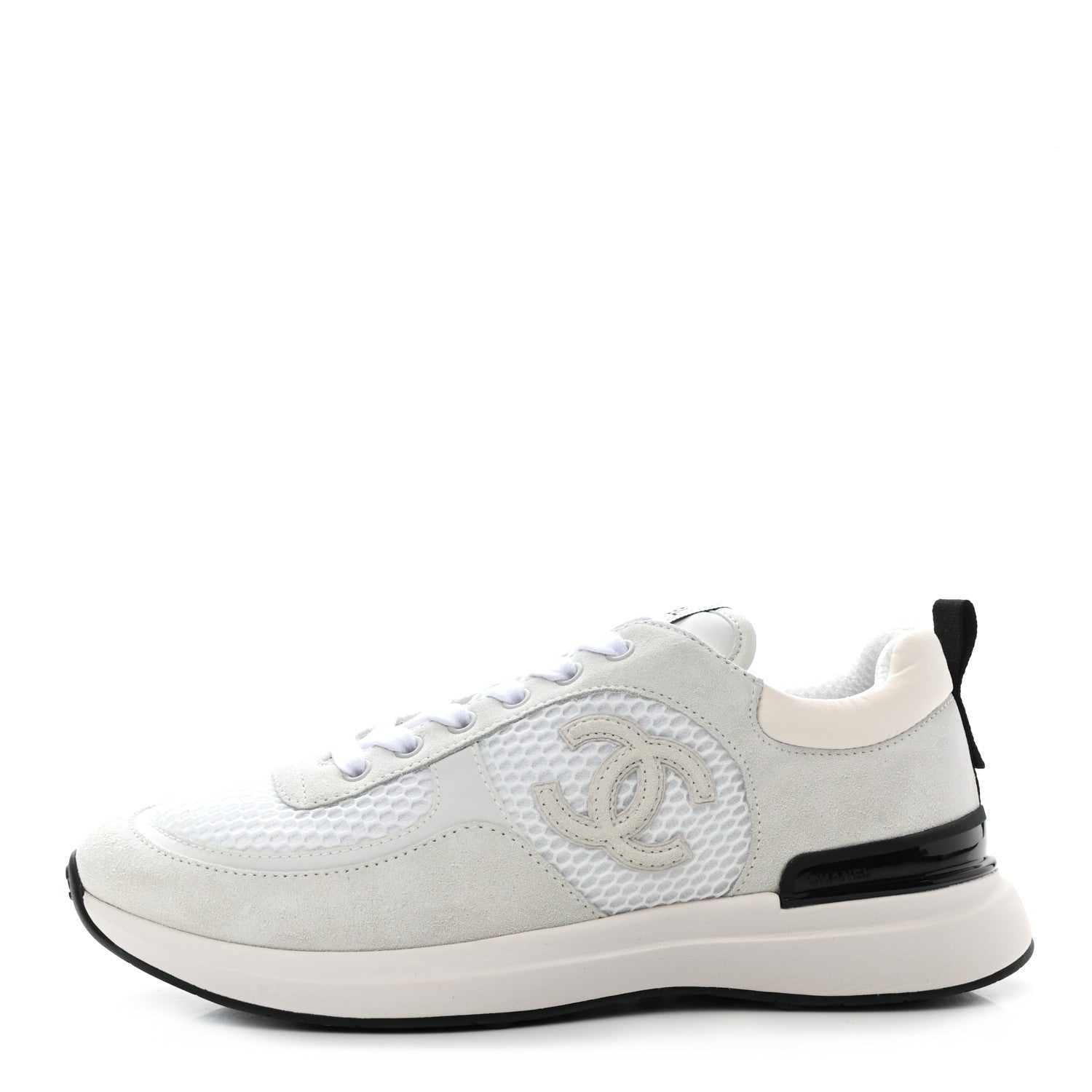 Chanel Calfskin Mesh Lycra Suede Womens Logo Sneakers 38 White Ivory Black 1 of 7