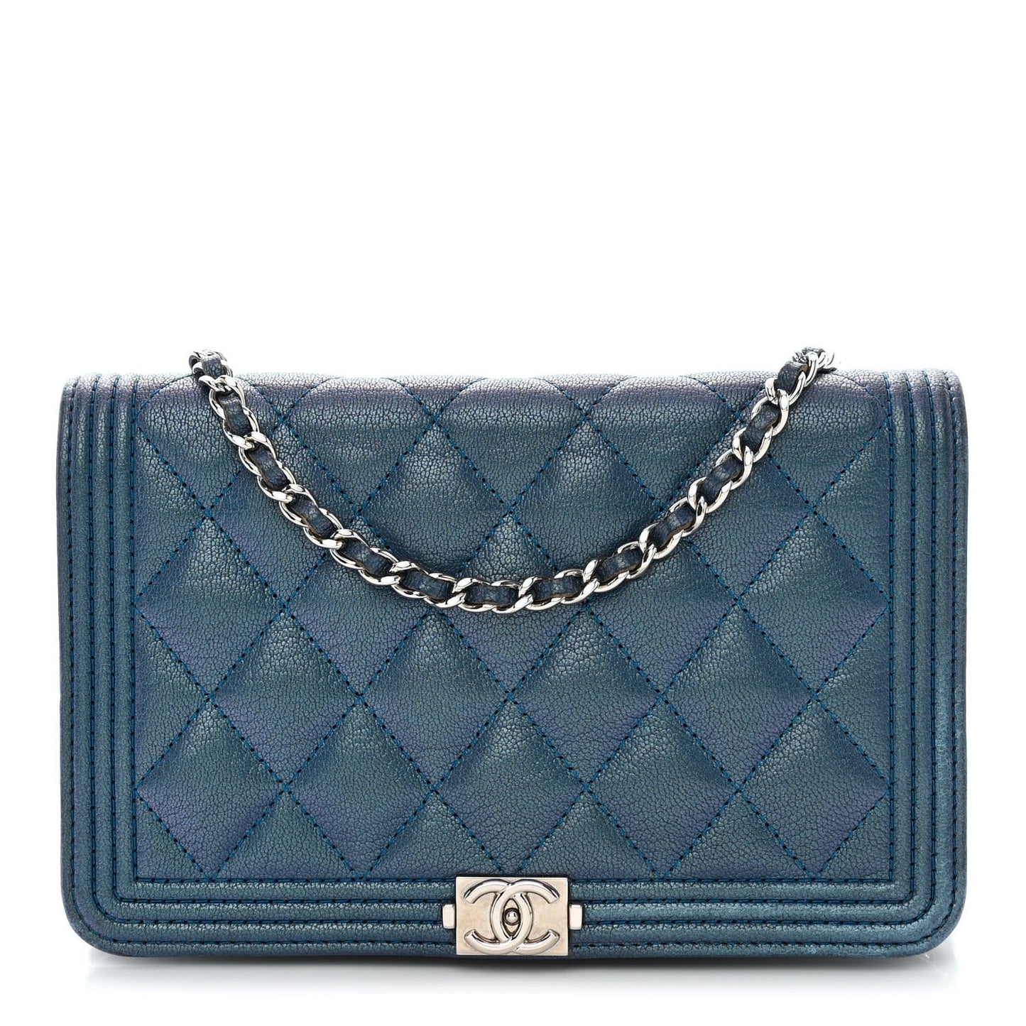 Iridescent Goatskin Quilted Boy Wallet On Chain WOC Blue