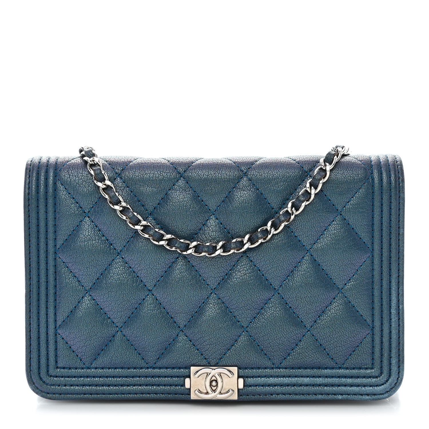 Chanel Iridescent Goatskin Quilted Boy Wallet On Chain WOC Blue 1 of 13