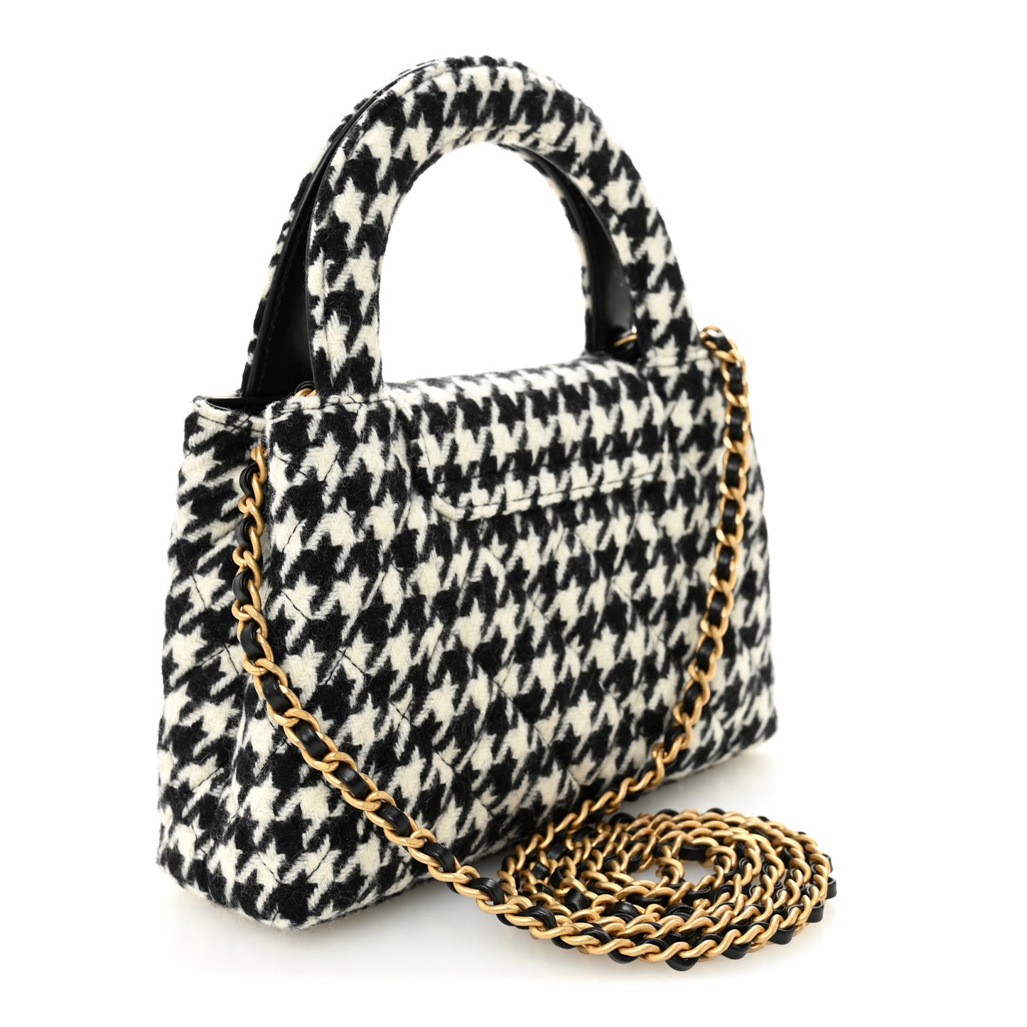 Tweed Houndstooth Quilted Nano Kelly Shopper Black White