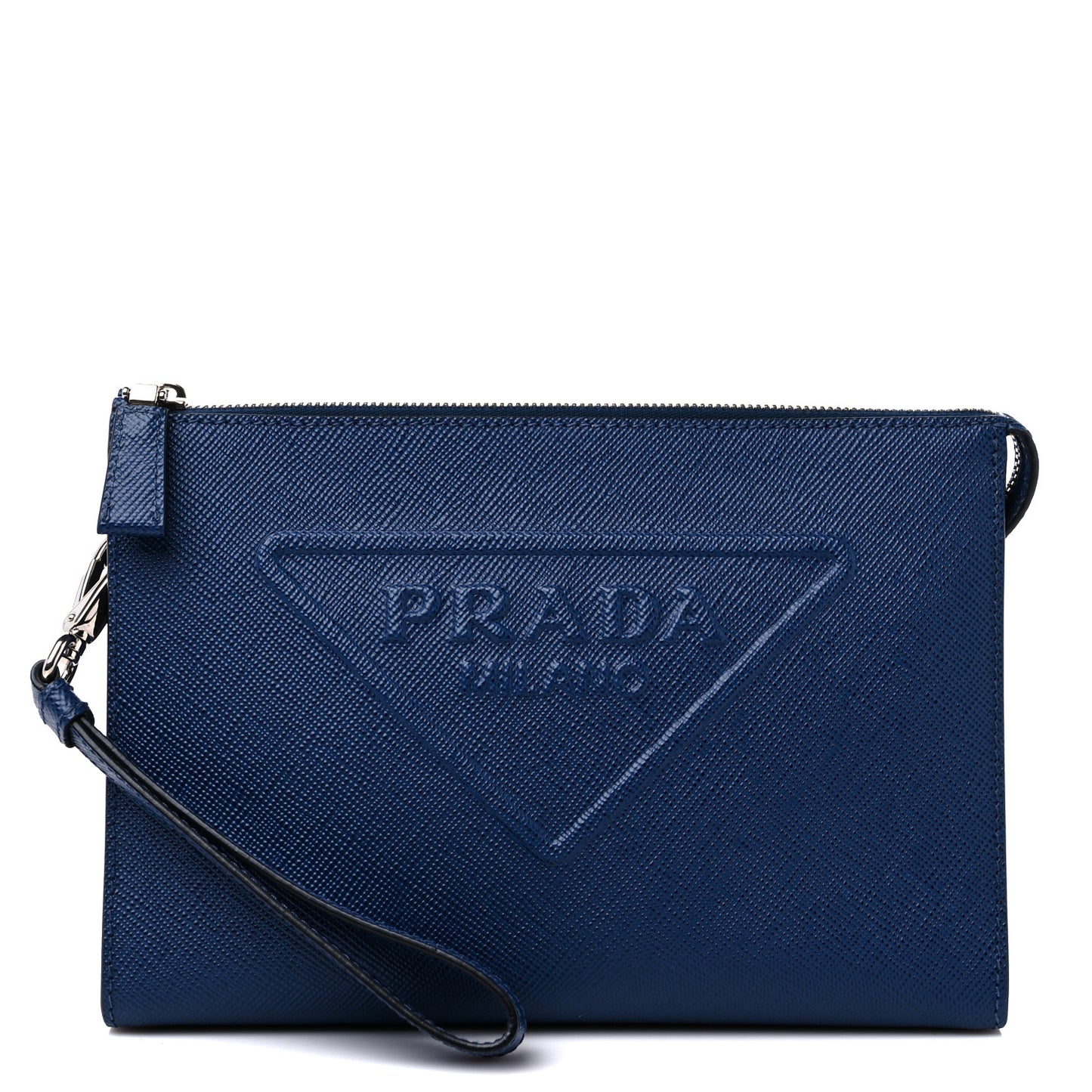 Saffiano Cuir Triangle Logo Embossed Wristlet Pouch Bluette