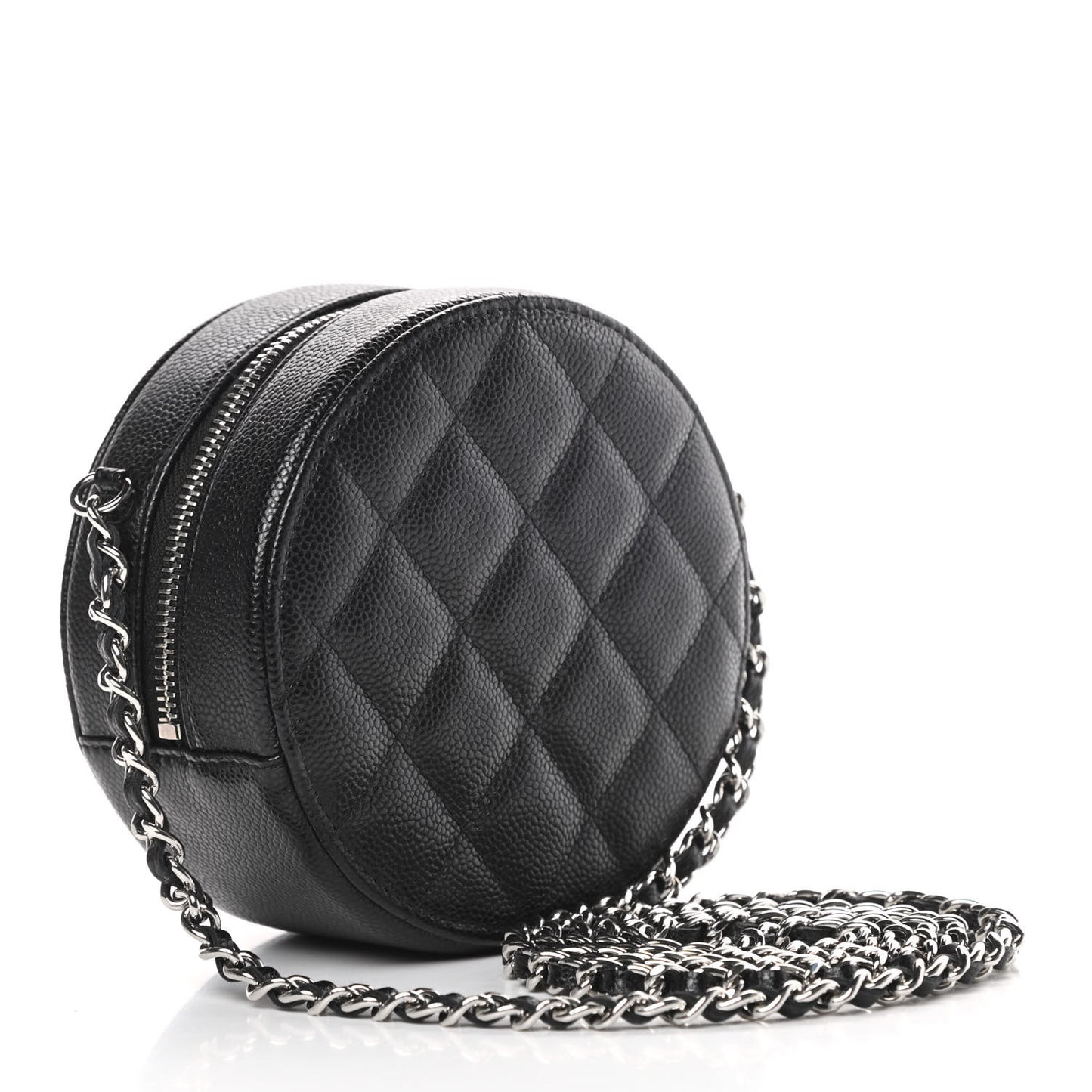 Caviar Quilted Round Clutch With Chain Black