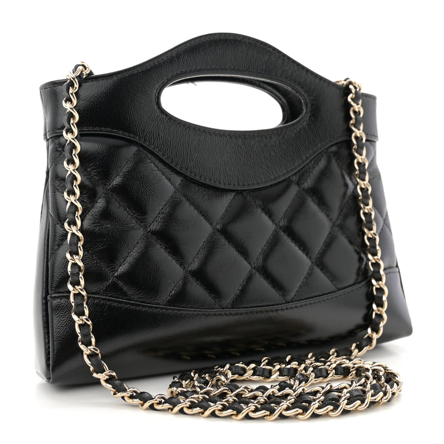 Shiny Crumpled Calfskin Quilted Nano 31 Shopping Bag Black
