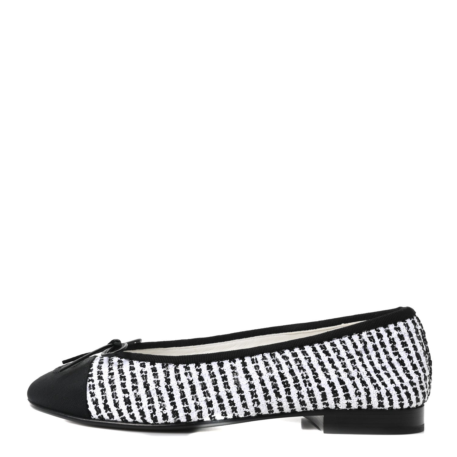 Chanel Tweed Sequin Grosgrain Cap Toe Ballerina Flats 36.5 Black White 1 of 10