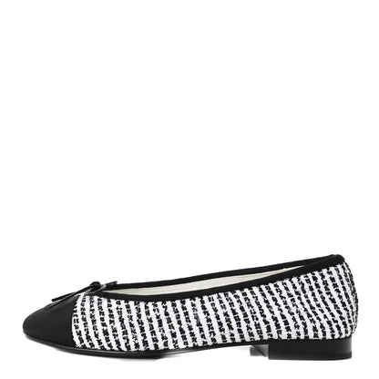 Chanel Tweed Sequin Grosgrain Cap Toe Ballerina Flats 36.5 Black White 1 of 10