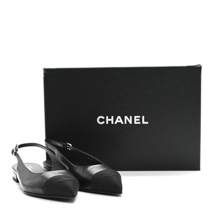 Chanel Goatskin Grosgrain Pointed Toe CC Slingback Flats 37 Black 11 of 11