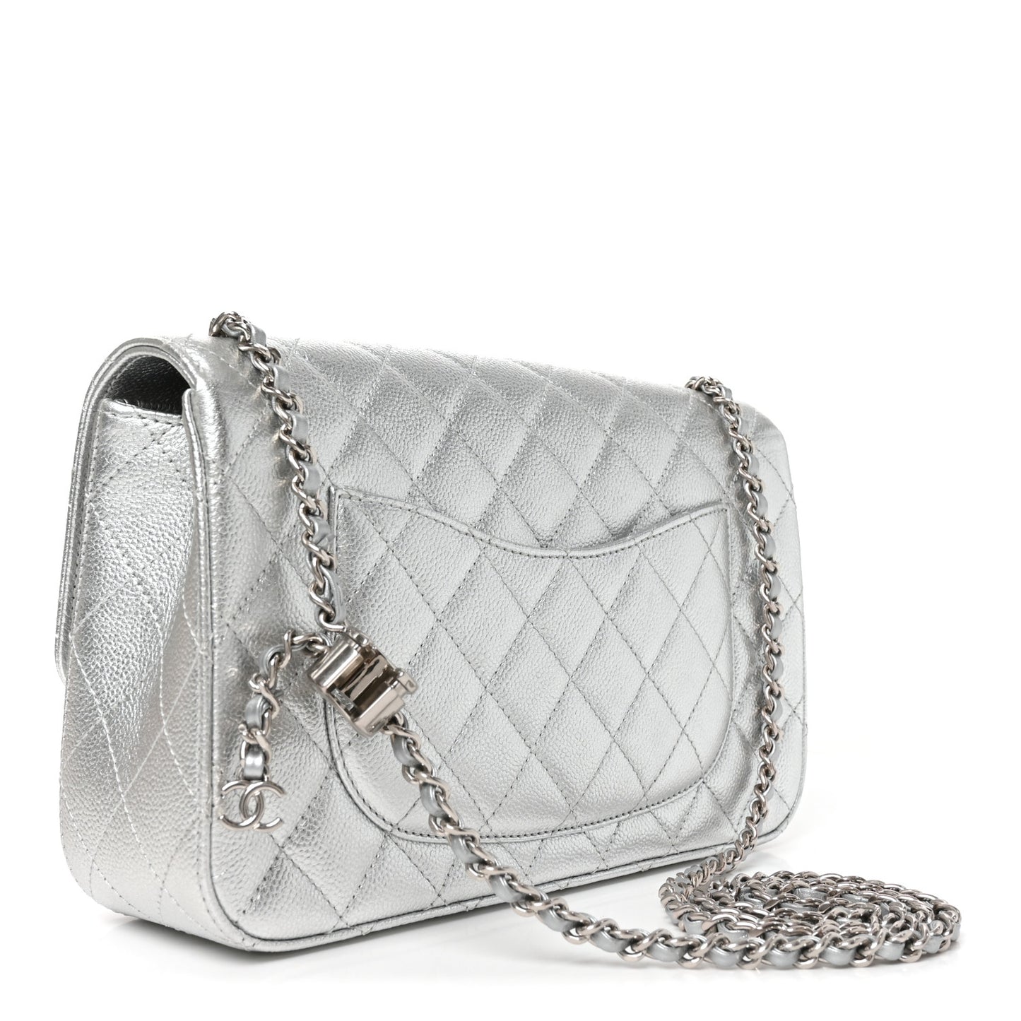 Metallic Caviar Quilted Medium CC Slide Flap Silver Silver