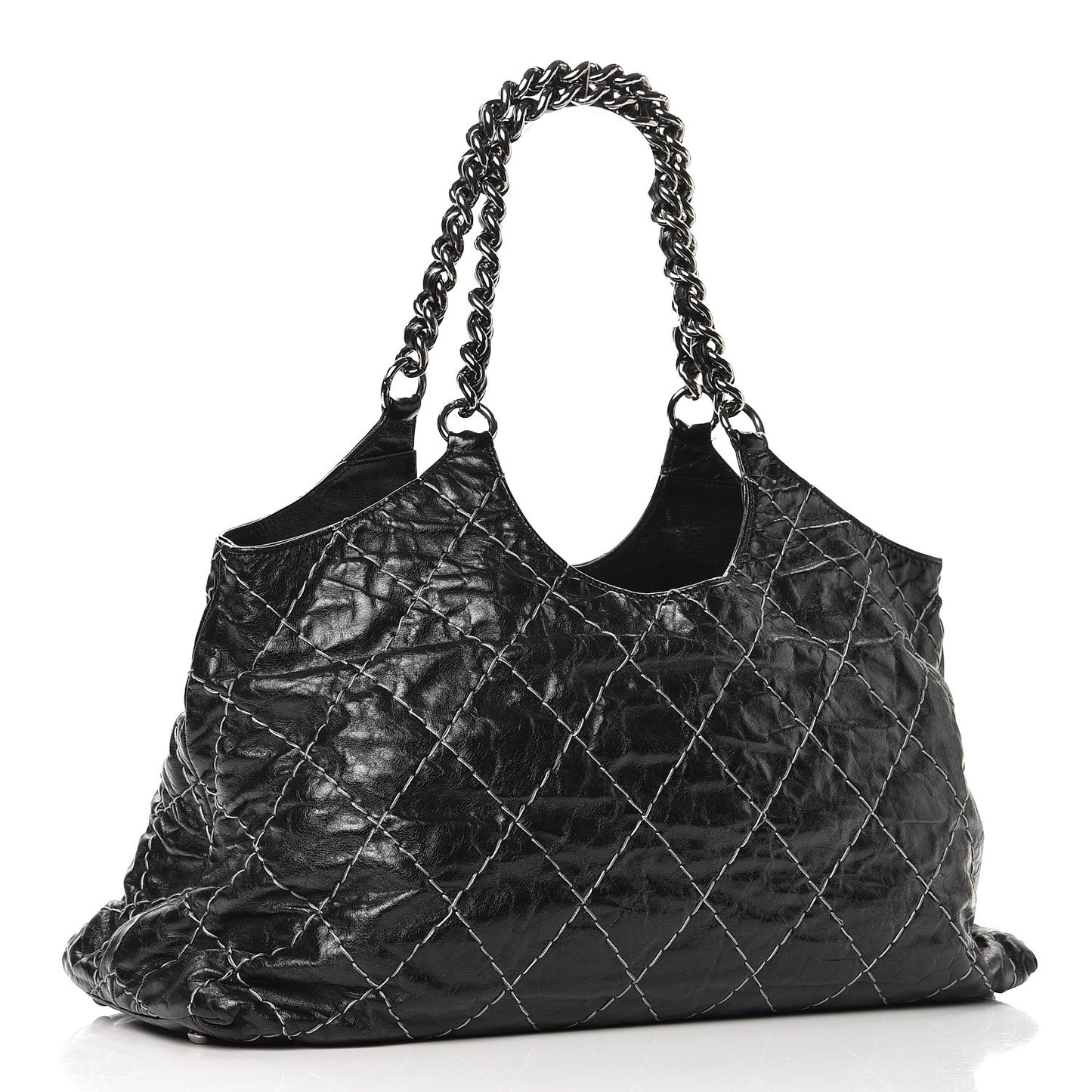 Glazed Goatskin Double Contrast Stitch Tote Black