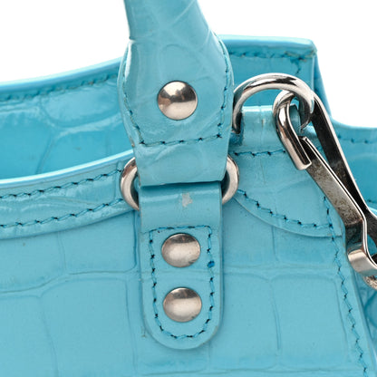 Balenciaga Calfskin Crocodile Embossed Neo Classic Silver Hardware Nano City Crossbody Azur 12 of 15