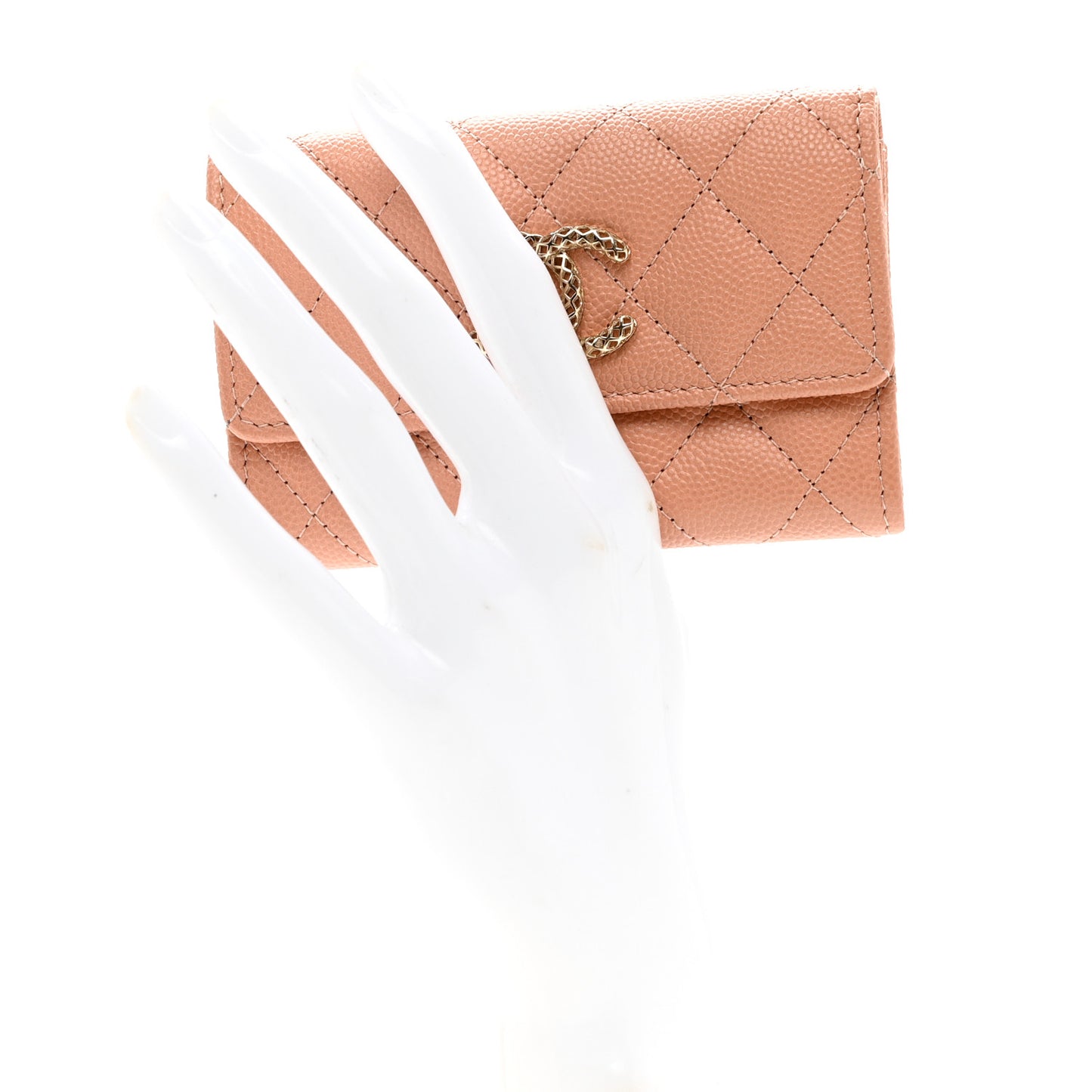 Caviar Metal Perforated Quilted CC Flap Card Holder Beige