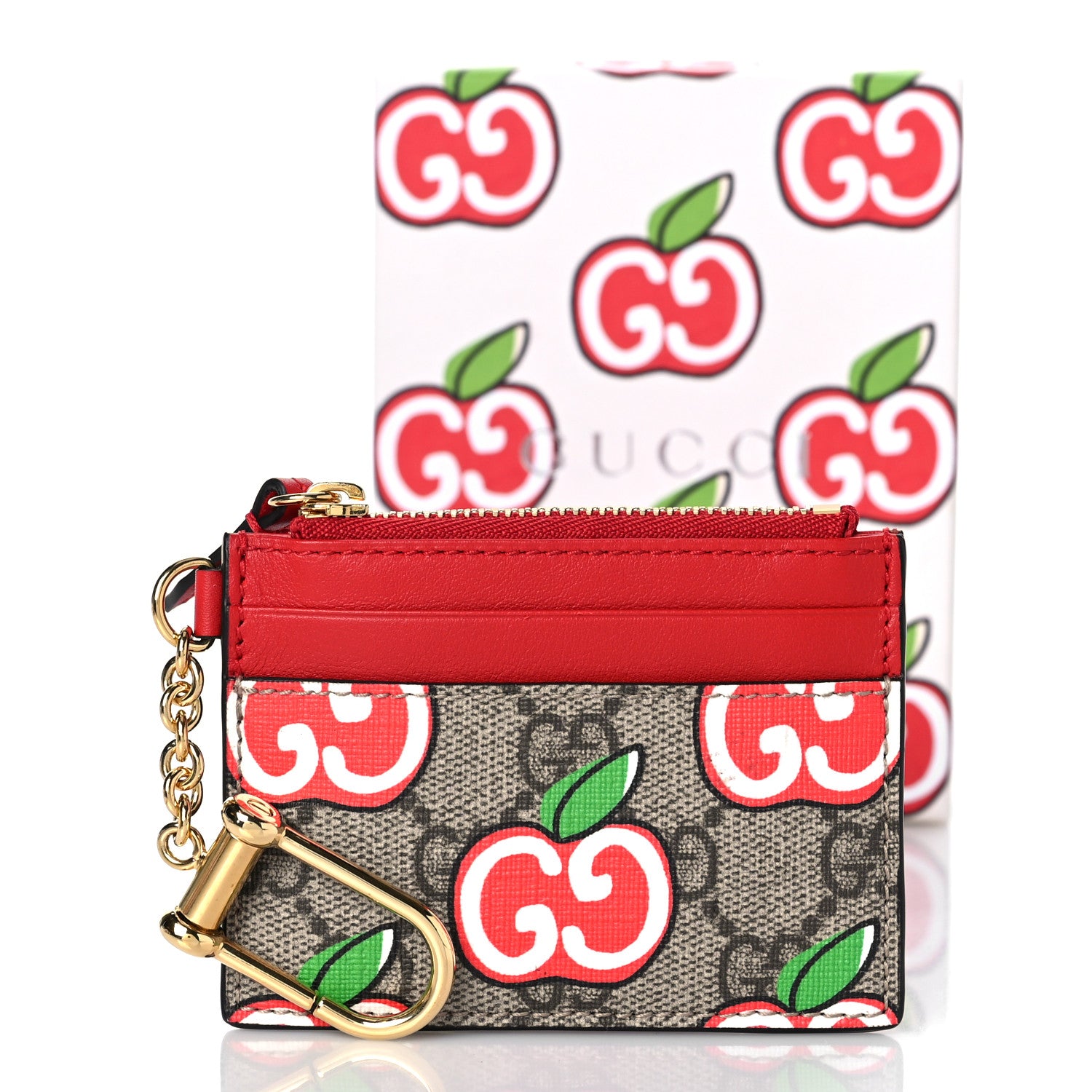 Gucci GG Supreme Monogram Apple Key Coin Case Card Holder Beige Multicolor Lobster Red 9 of 9
