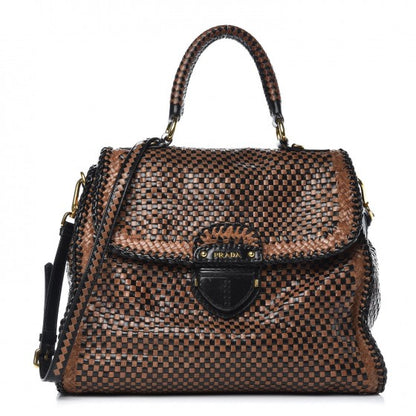 Prada Goatskin Woven Top Handle Satchel Black Tan 1 of 20
