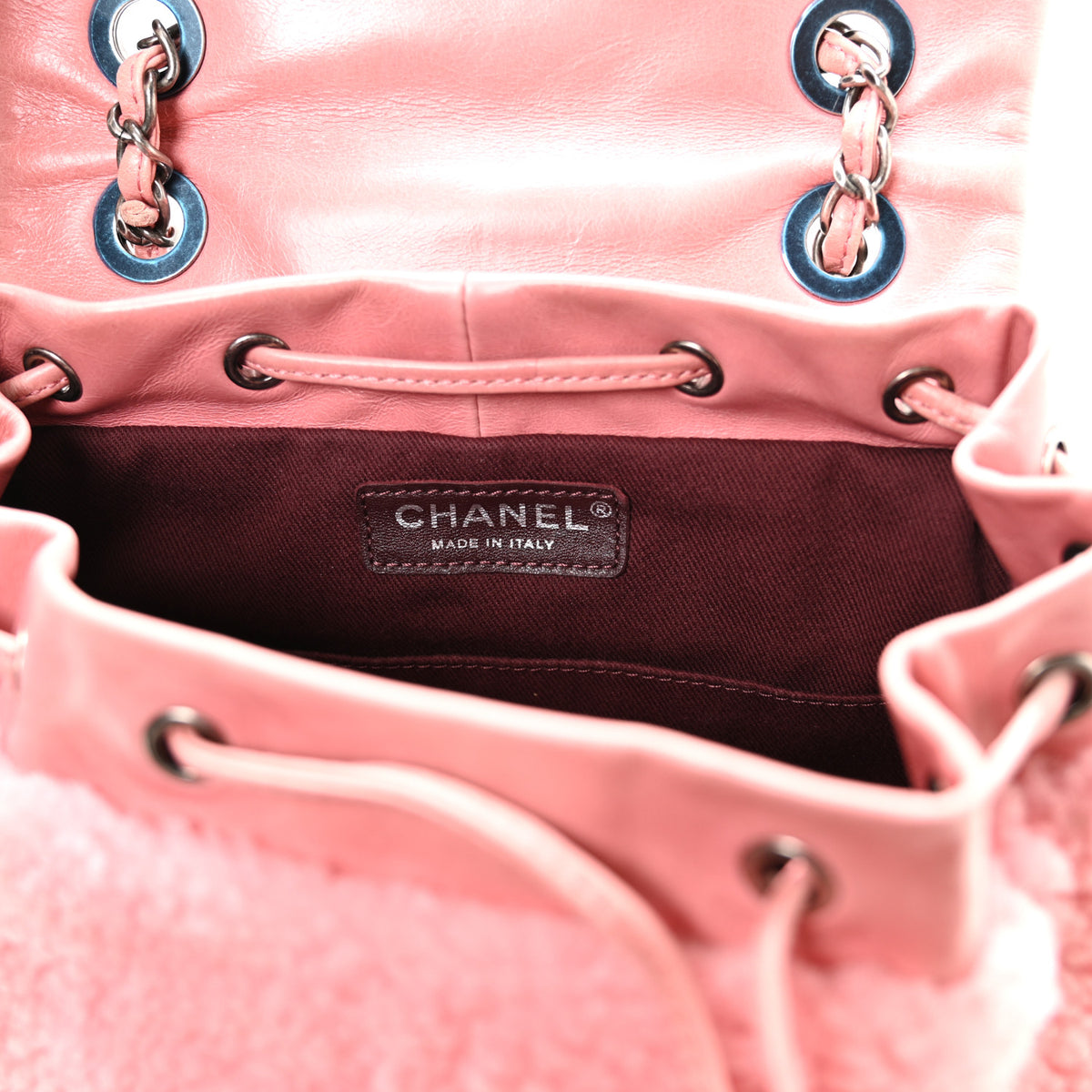 Glazed Calfskin Shearling Quilted Small Mountain Backpack Pink