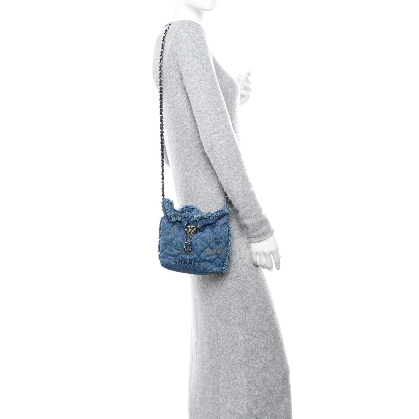 Denim Quilted Small Mood Bucket With Chain Blue Multicolor