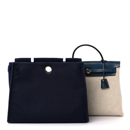 Hermes Toile Vache Calfskin Herbag PM 30 Navy Bleu Natural 3 of 26
