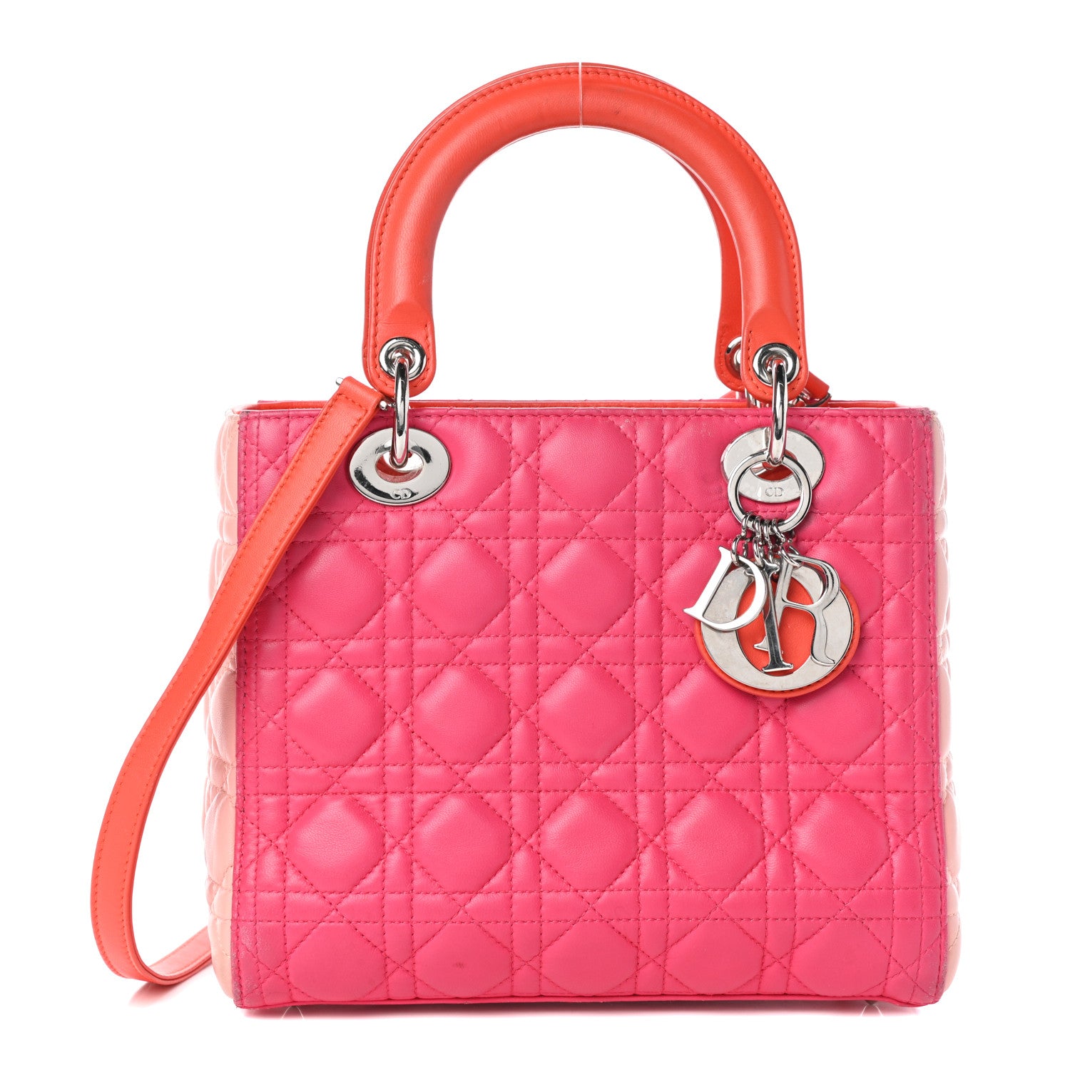 Christian Dior Lambskin Cannage Tri-Color Medium Lady Dior Orange Riviera Fuchsia Cosmopolitan Lipstick Natural 1 of 9