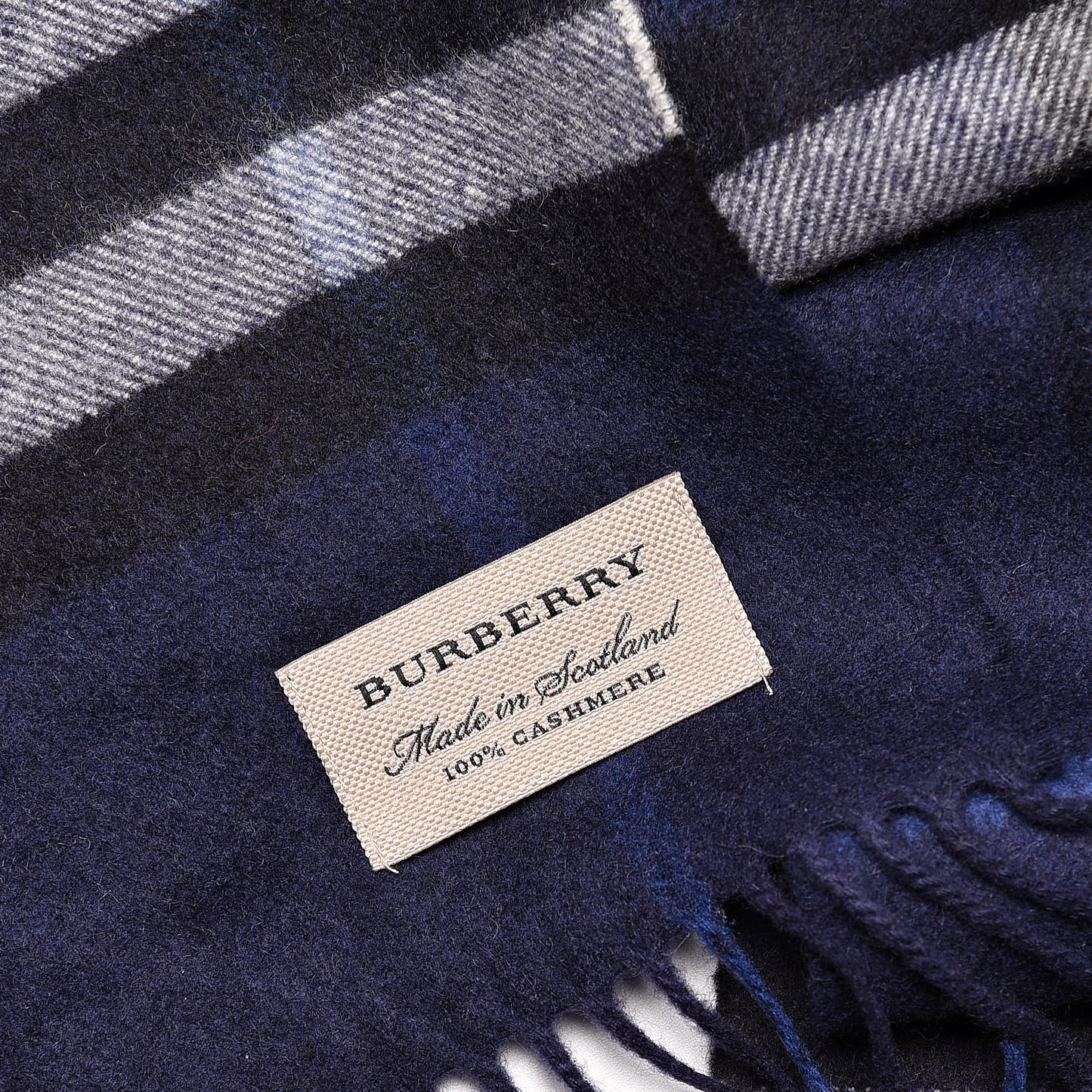 Cashmere Giant Check Fringe Scarf Blue