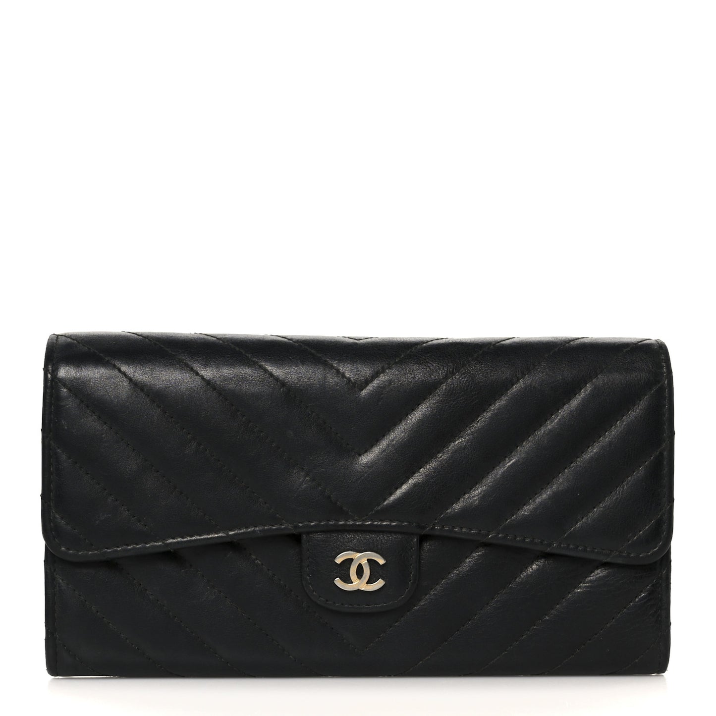 Calfskin Chevron Quilted Large Gusset Flap Wallet Black
