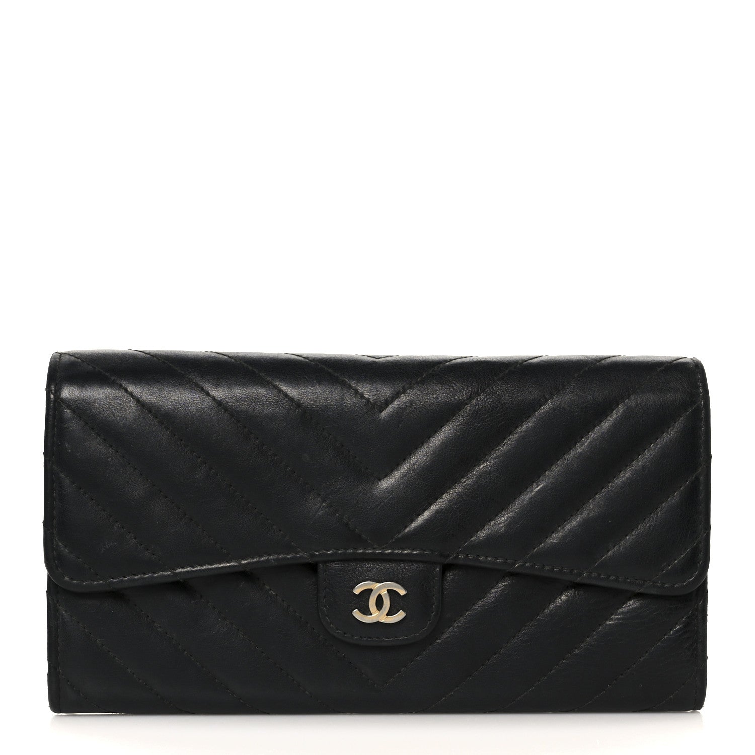 Chanel Calfskin Chevron Quilted Large Gusset Flap Wallet Black 1 of 9