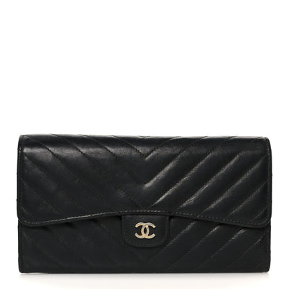 Chanel Calfskin Chevron Quilted Large Gusset Flap Wallet Black 1 of 9