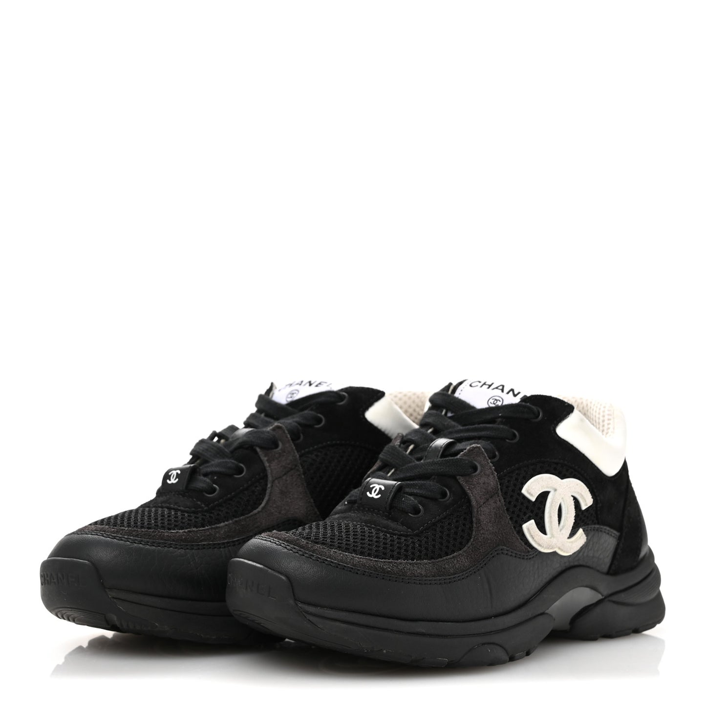 Mesh Suede Grained Calfskin Womens CC Sneakers 36 Black White