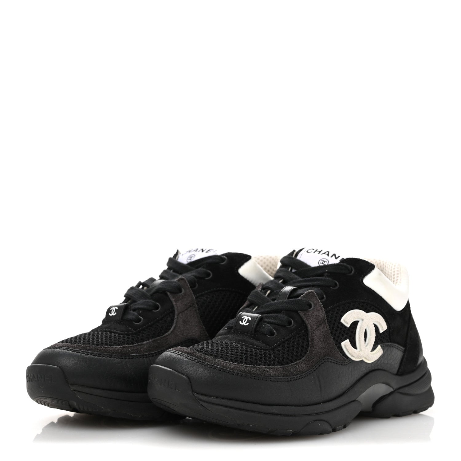 Chanel Mesh Suede Grained Calfskin Womens CC Sneakers 36 Black White 4 of 10