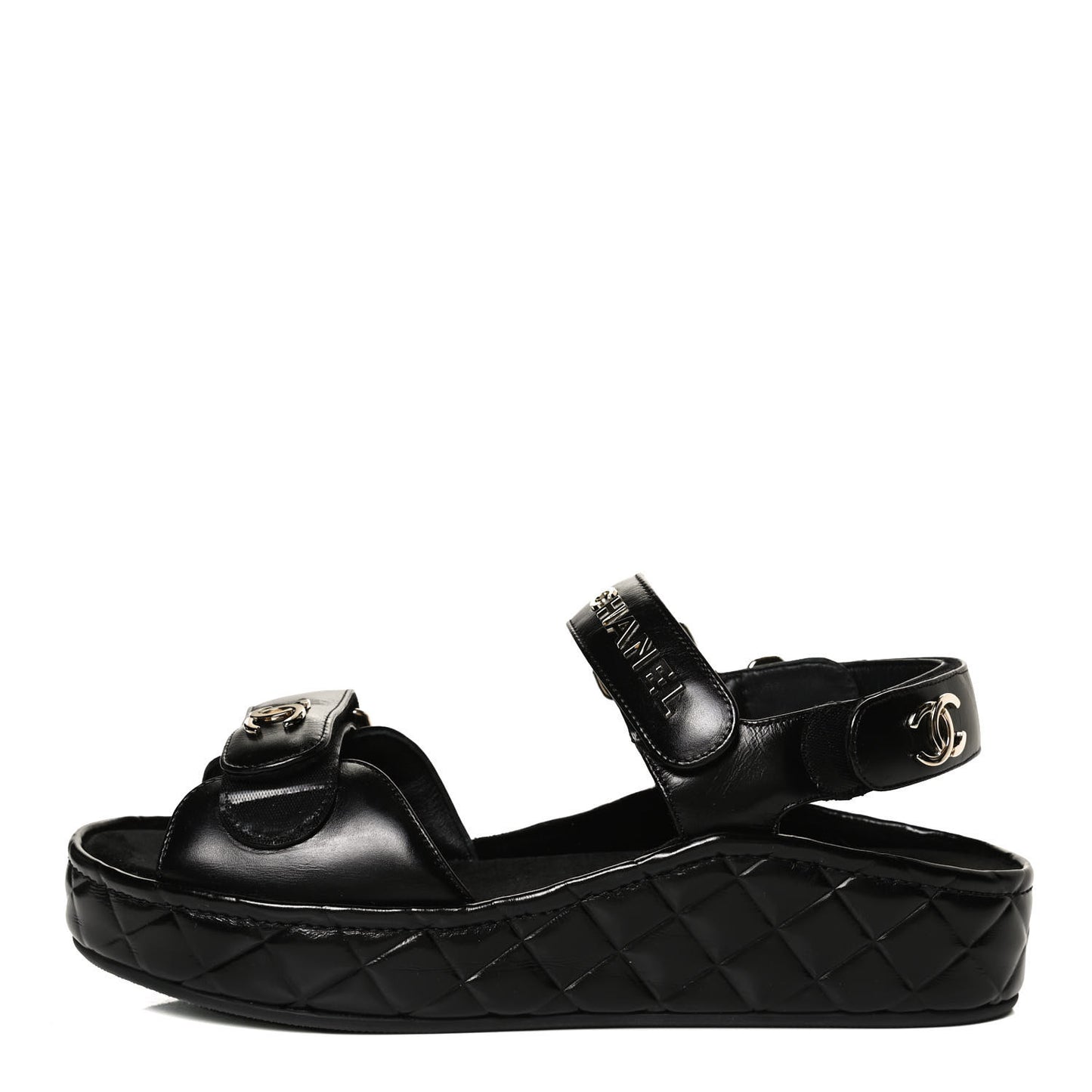 Shiny Calfskin Logo Platform Sandals 38 Black
