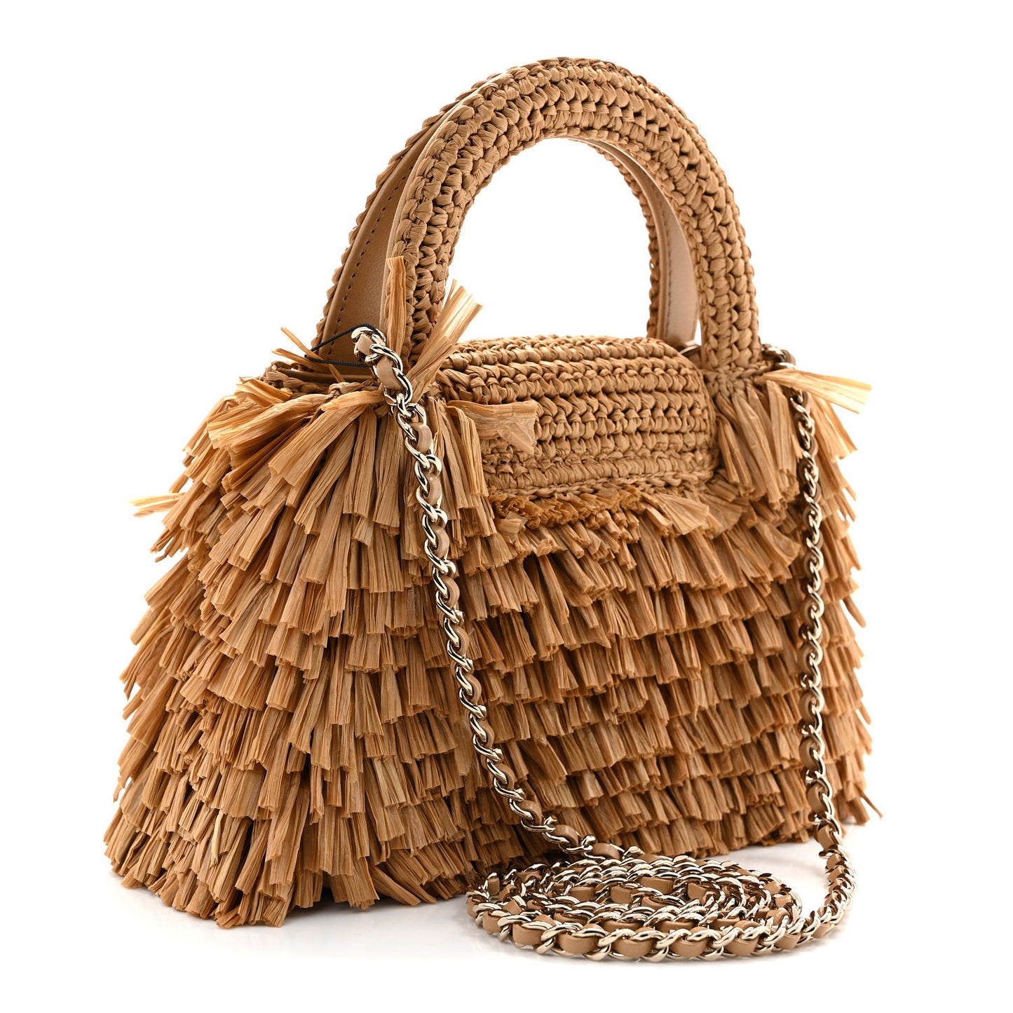 Raffia Fringe Nano Kelly Shopper Dark Beige