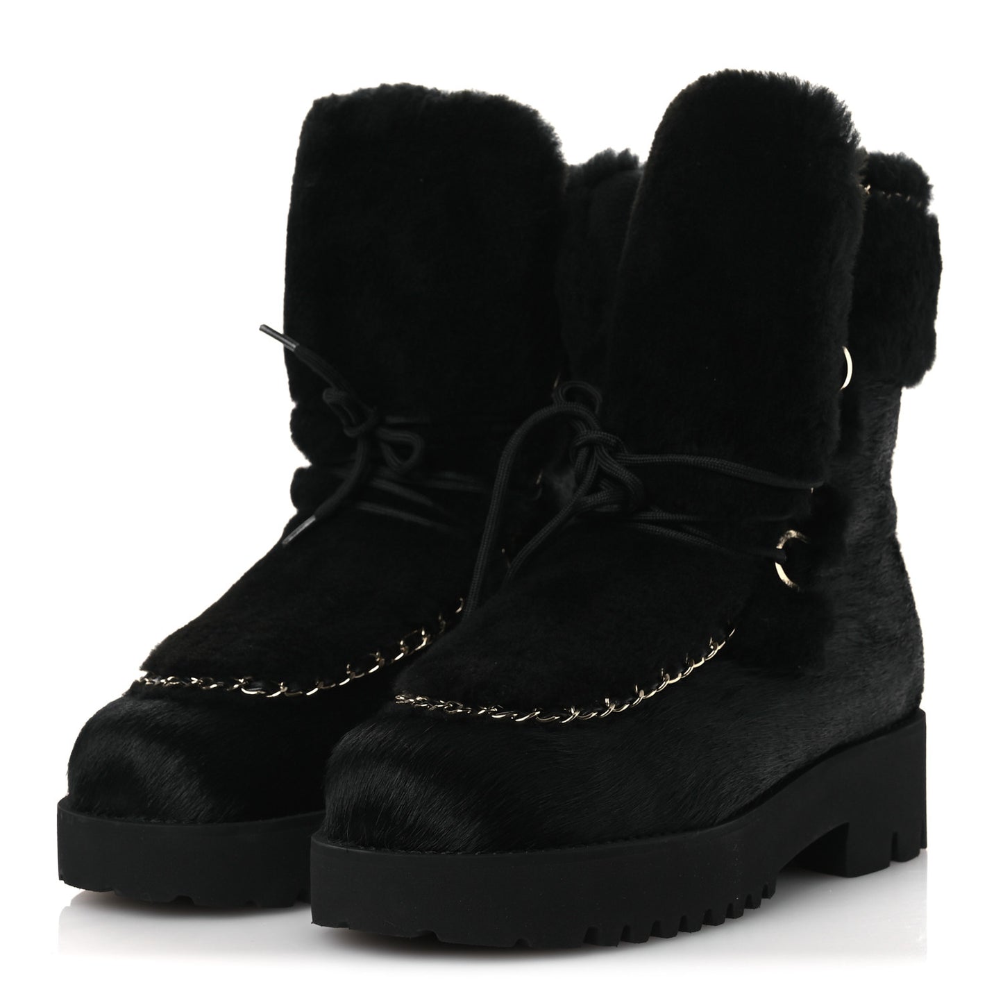 Pony Hair Shearling Chain Ankle Boots 40.5 Black