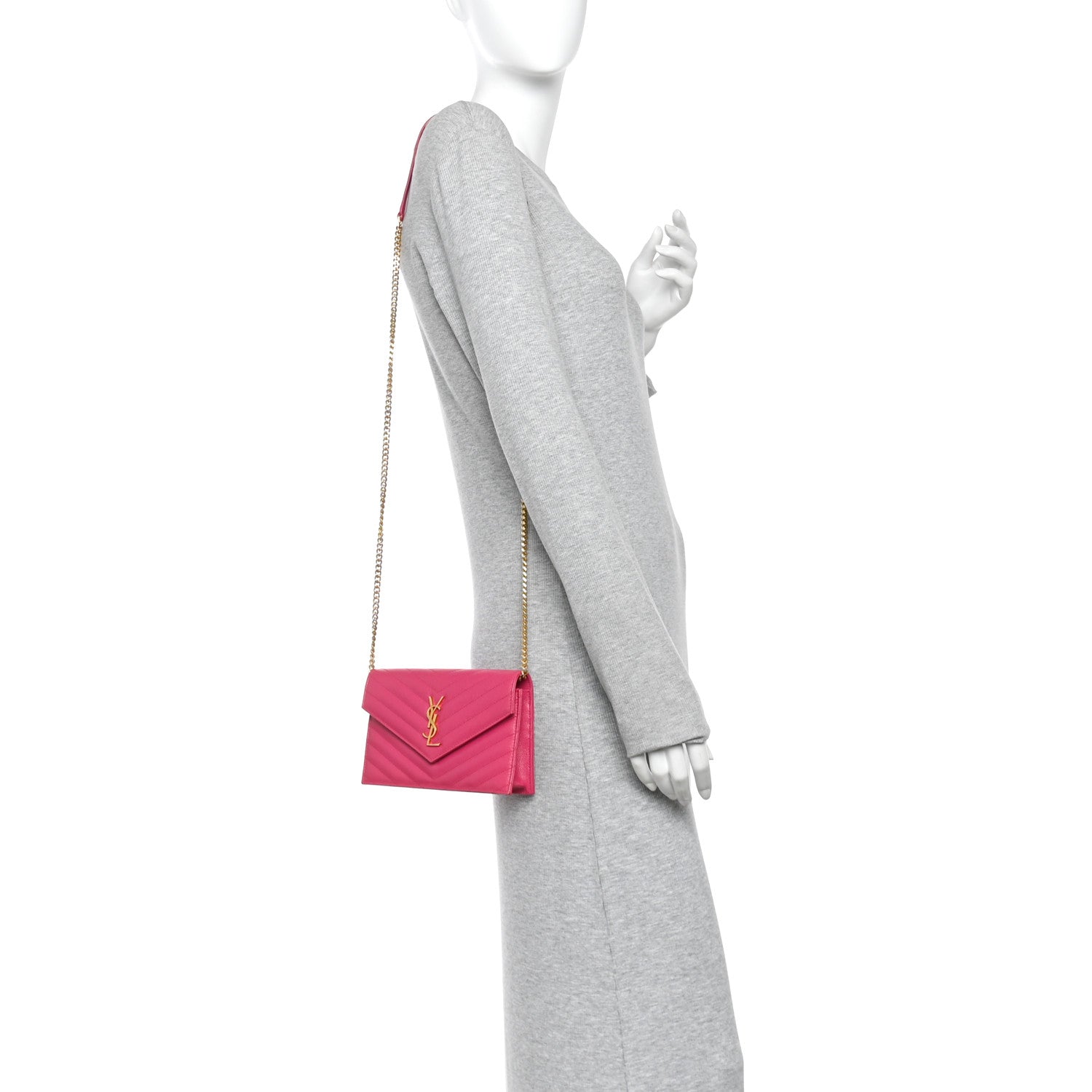 Saint Laurent Grain De Poudre Matelasse Chevron Monogram Envelope Chain Wallet Fresh Fuchsia 2 of 10