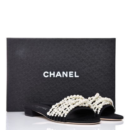 Chanel Satin Pearl Flat Sandals 39 Black 12 of 12