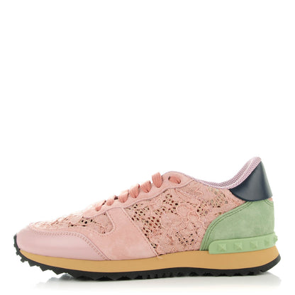 Valentino Garavani Macrame Lace Suede Womens Rockrunner Sneakers 37 Rose 1 of 8