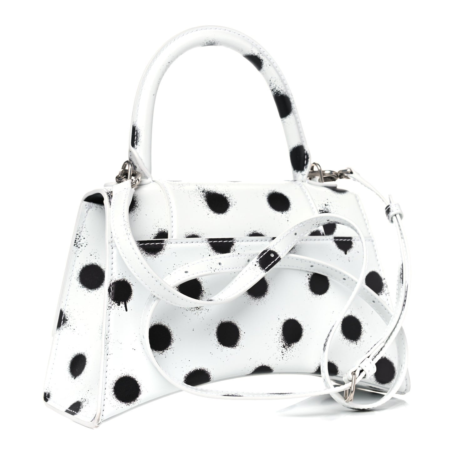 Smooth Calfskin Spray Polka Dot Small Hourglass Top Handle Bag White Black