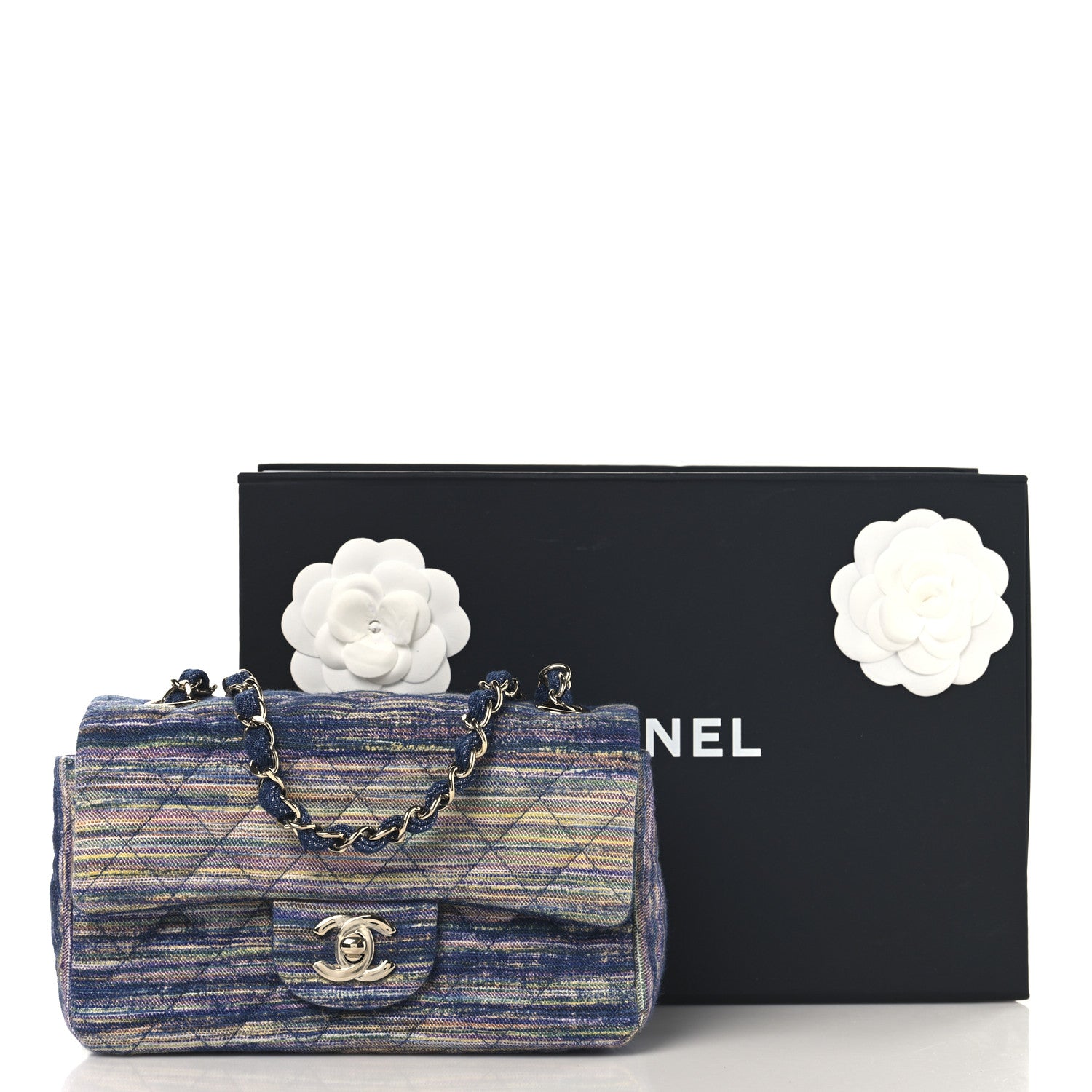 Chanel Striated Denim Quilted Classics in Fabrics Mini Rectangular Flap Navy Yellow Purple Green Multicolor 11 of 11