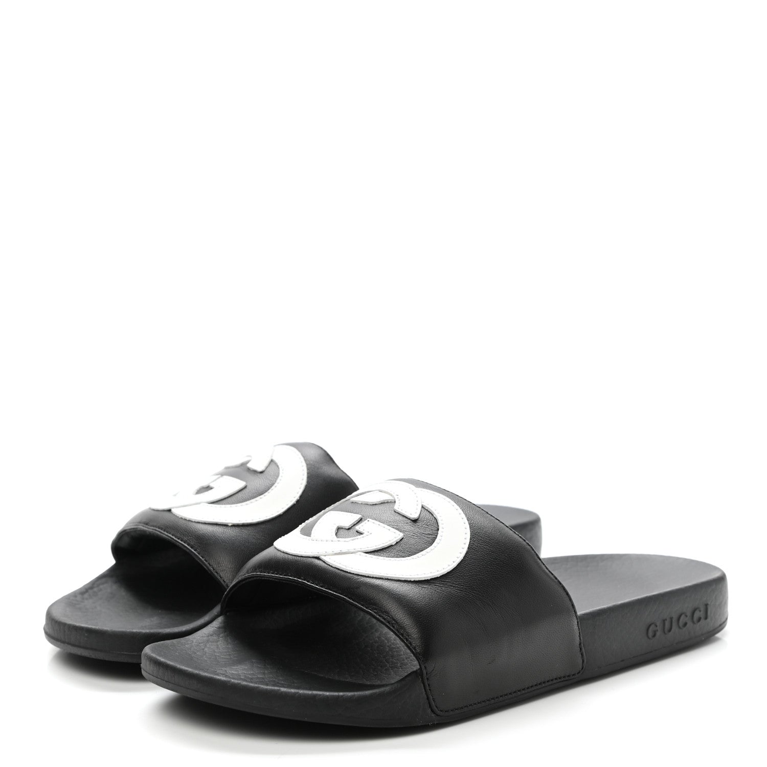 Gucci Nappa Miro Soft Calfskin Womens Interlocking G Slide Sandals 38 Black White 3 of 9