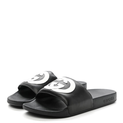 Gucci Nappa Miro Soft Calfskin Womens Interlocking G Slide Sandals 38 Black White 3 of 9