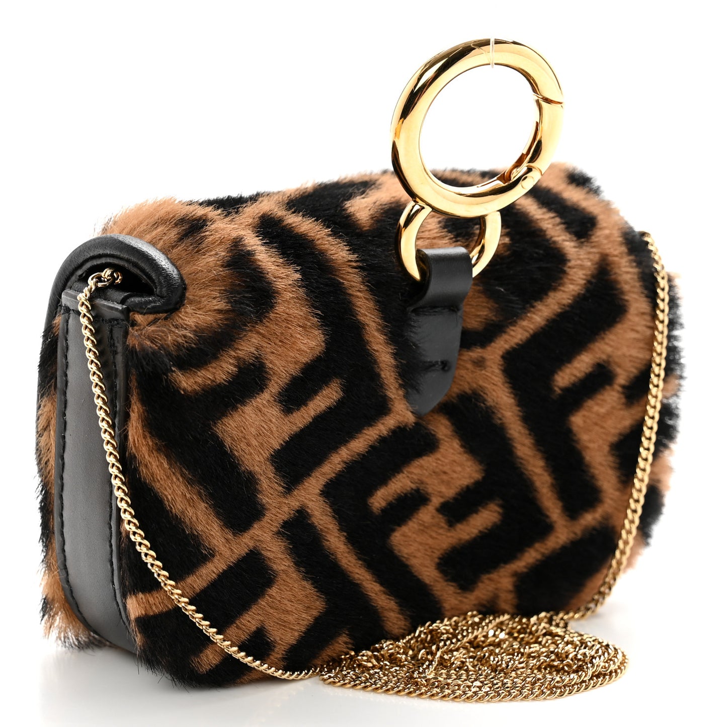 Sheared Sheepskin Vitello King FF Nano Baguette Charm Tobacco Moro Black