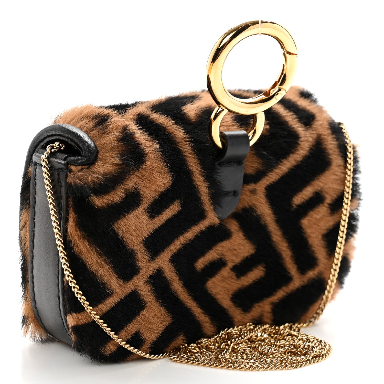 Fendi Sheared Sheepskin Vitello King FF Nano Baguette Charm Tobacco Moro Black 2 of 8
