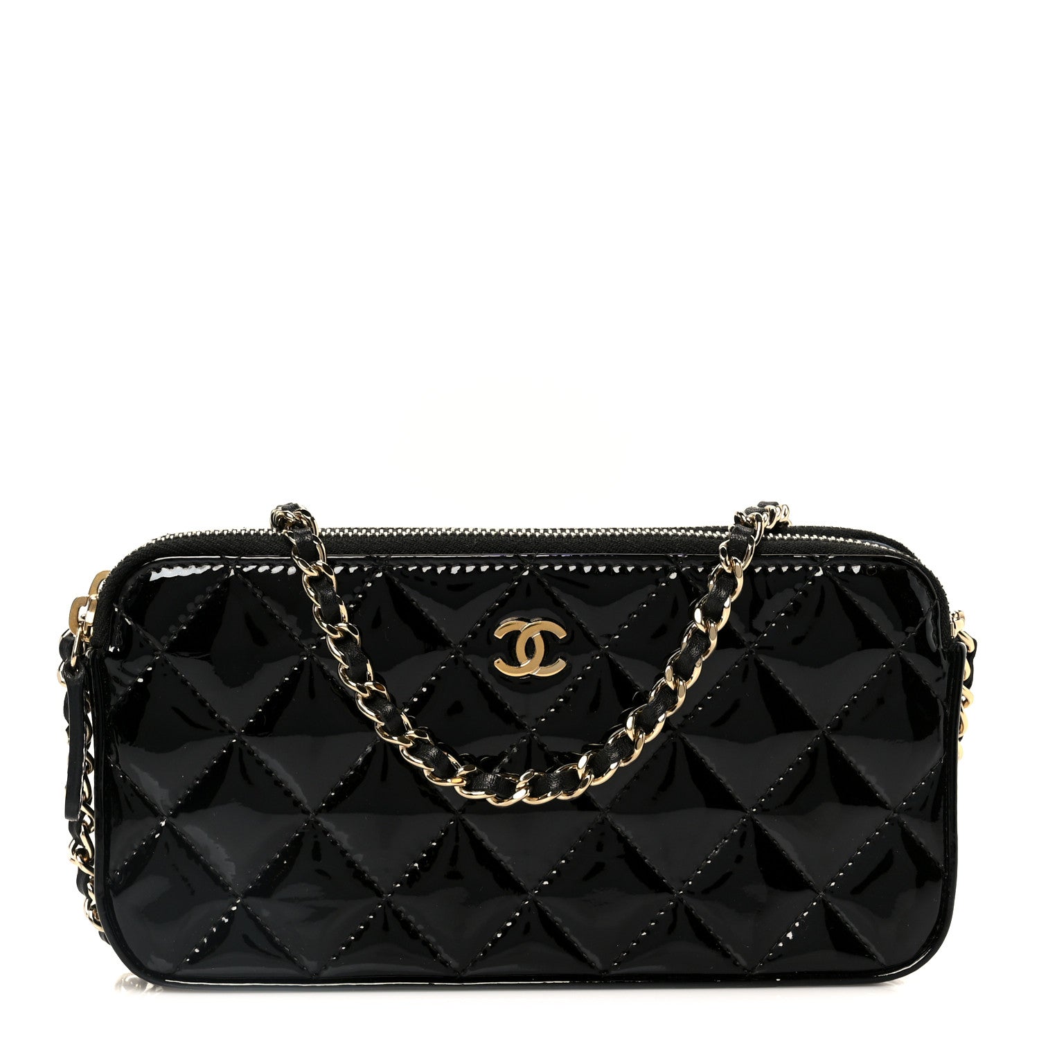 Chanel Patent Quilted Small Clutch With Chain Black Blue 1 of 12