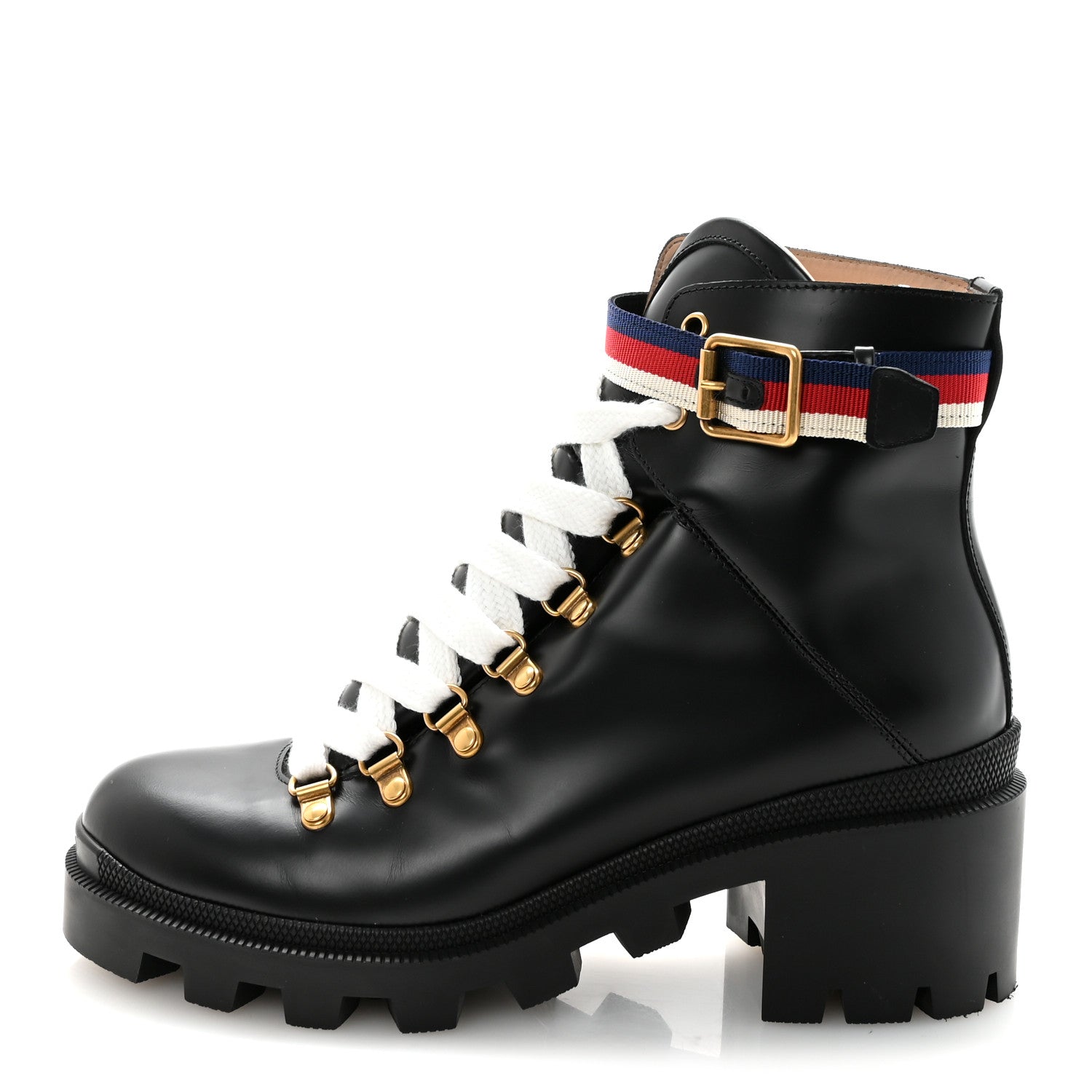 Gucci Calfskin Sylvie Web Womens Lace Up Combat Boots 38 Black 1 of 10