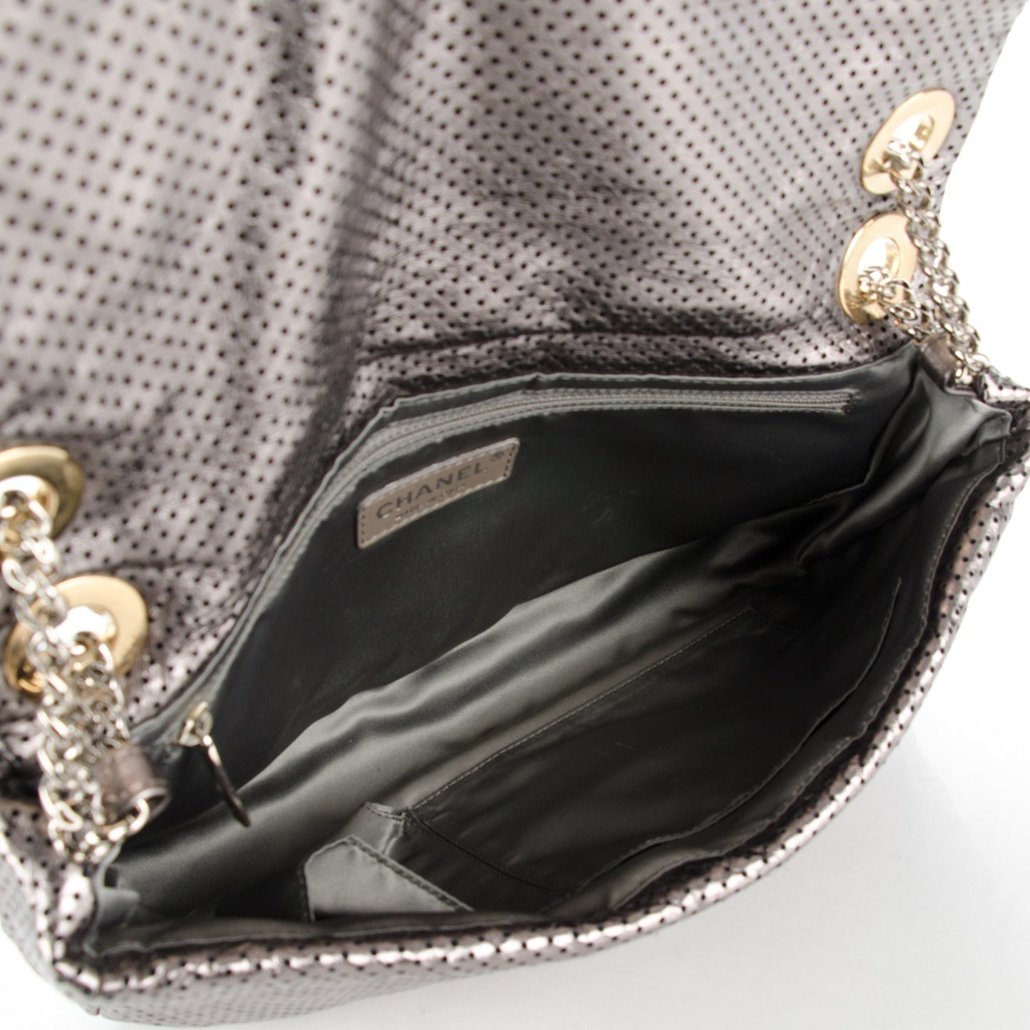Metallic Crackled Calfskin Perforated Large Drill Flap Silver