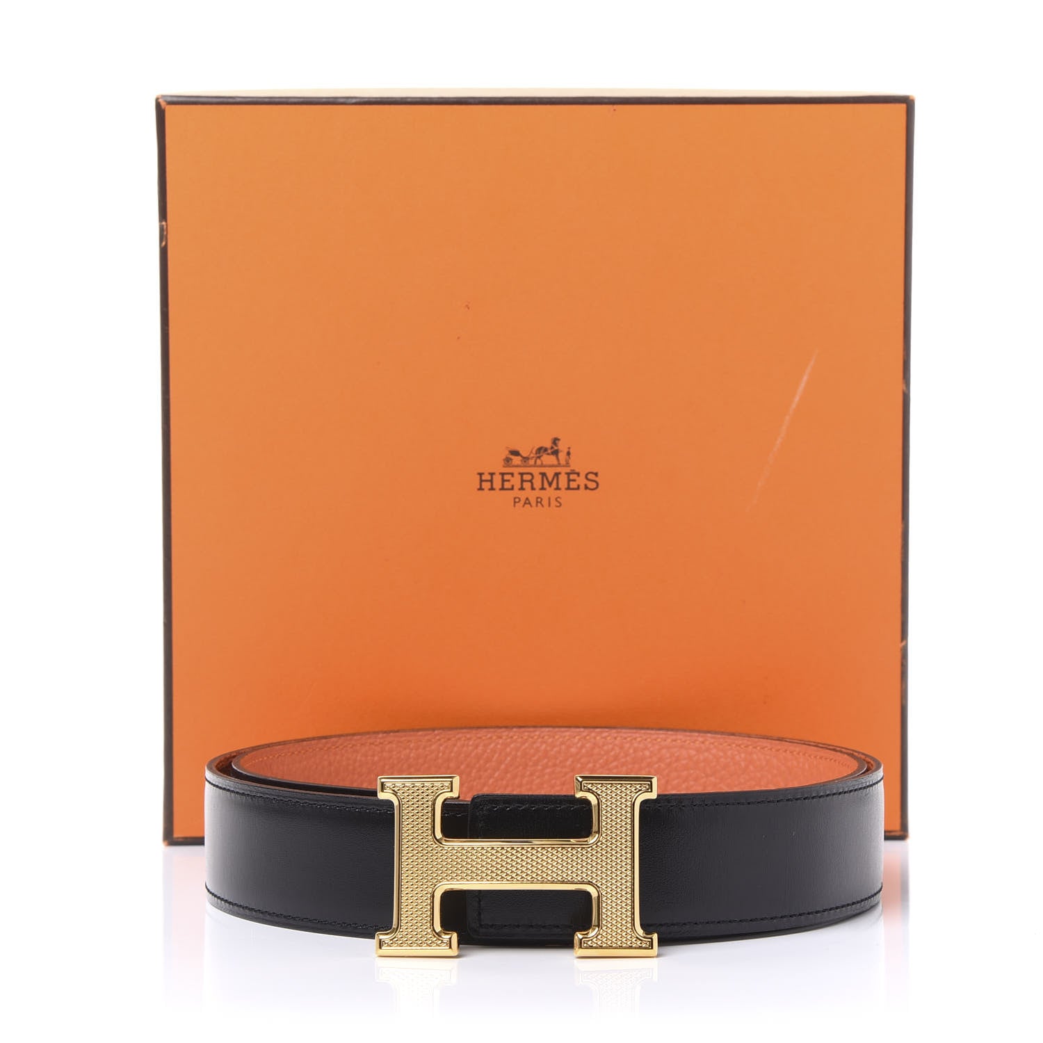 Hermes Box Togo 32mm Guilloche H Belt 85 Black Orange 7 of 7