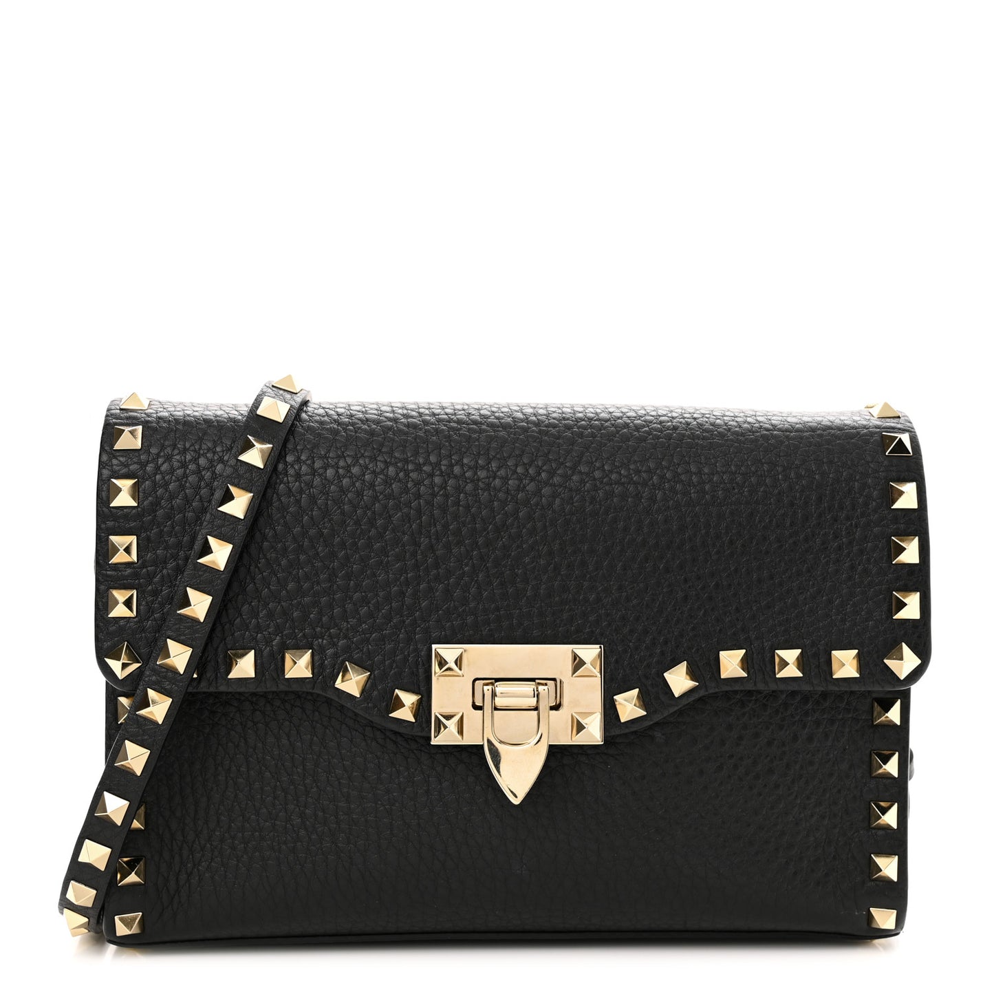 Pebbled Calfskin Medium Rockstud Flip Lock Crossbody Bag Black