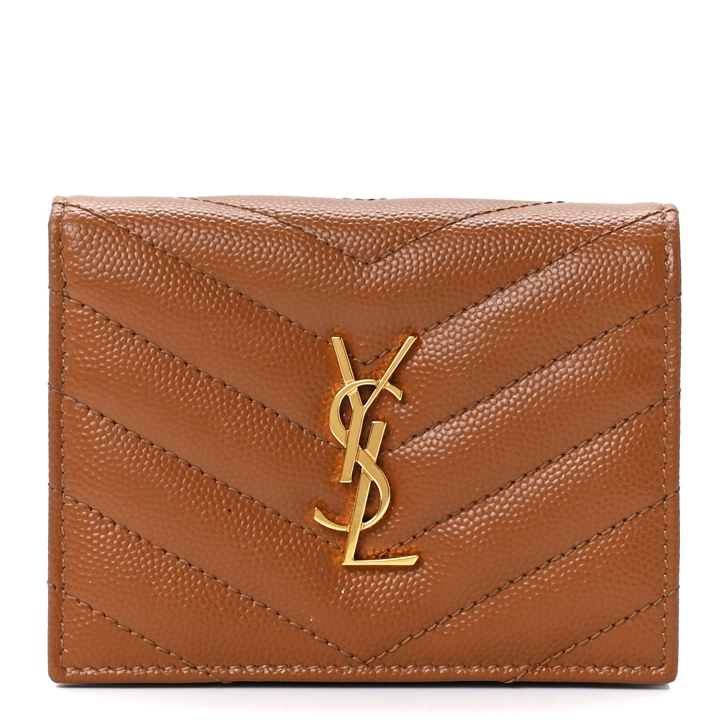 Saint Laurent Grain De Poudre Matelasse Chevron Monogram Flap Card Case Dark Natural 1 of 12