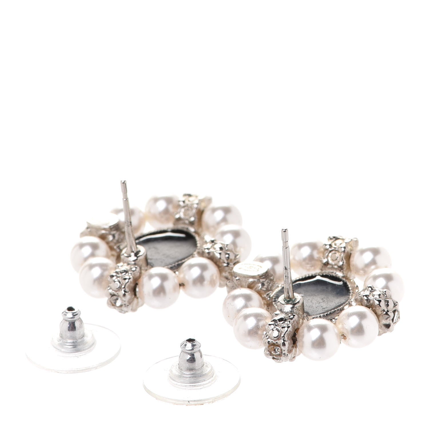 Chanel Crystal Pearl Bead CC Round Earrings Silver Black 3 of 5