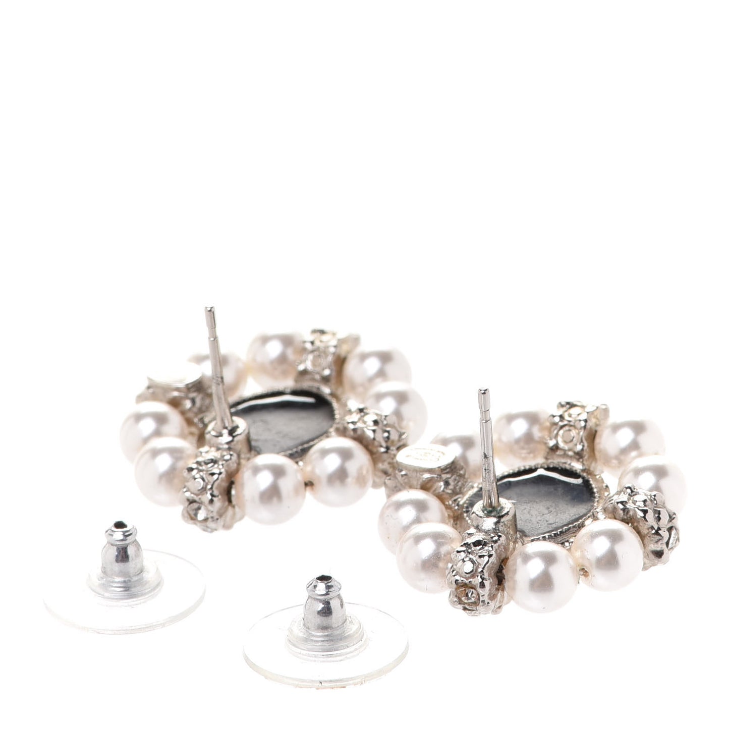 Crystal Pearl Bead CC Round Earrings Silver Black