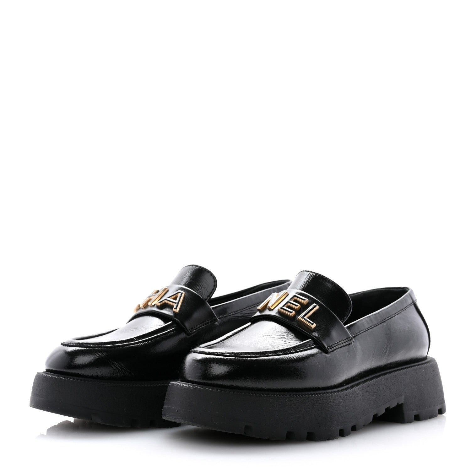 Chanel Shiny Calfskin Logo Loafers 36.5 Black 3 of 11
