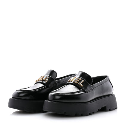Chanel Shiny Calfskin Logo Loafers 36.5 Black 3 of 11